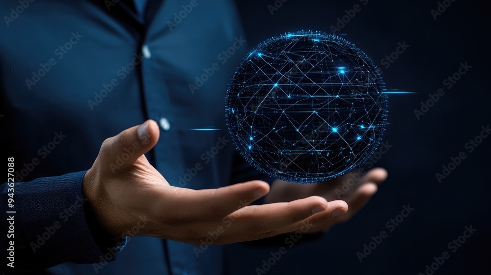 Poster a man extends his hands forward, displaying a digital sphere made of interconnected dots and lines t
