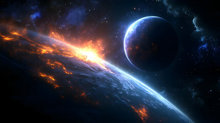 Obraz premium A fiery planet with a glowing blue atmosphere and a large moon.