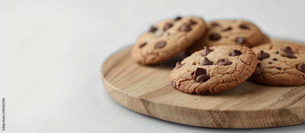 Leinwandbilder sweet cookies with chocolate chips displayed on a wooden board set against a white background creati