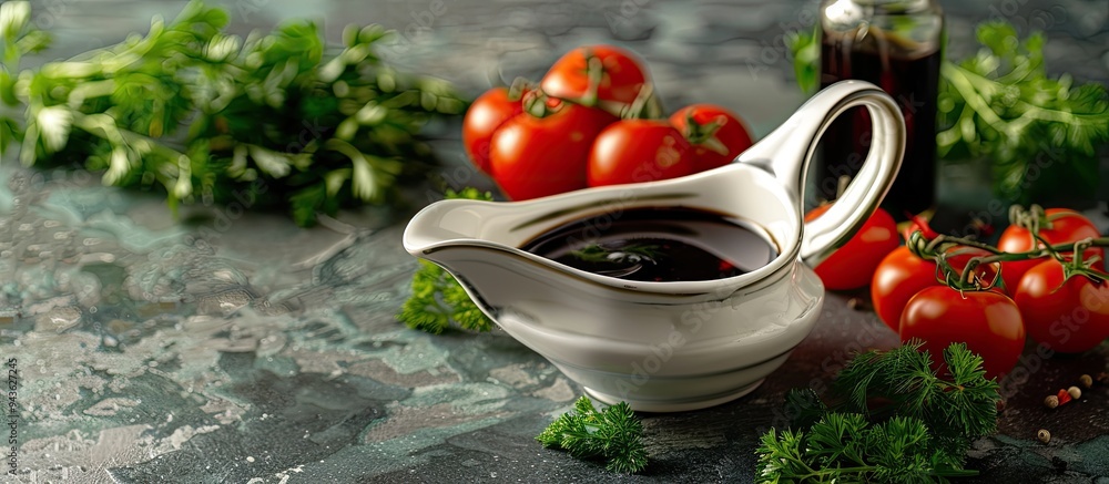 Poster gray textured table with balsamic vinegar in a gravy boat tomatoes parsley and dill featuring a copy
