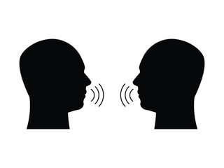 Two Man Talk Silhouette People Face Head in Profile Speak Pictogram. Speak or talk recognition icon,  sound commander or speech dictator head, vector illustration.