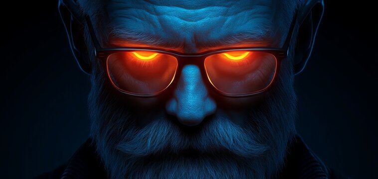 Close-up portrait of a mysterious man with glowing eyes and glasses, creating an intriguing and dramatic atmosphere.