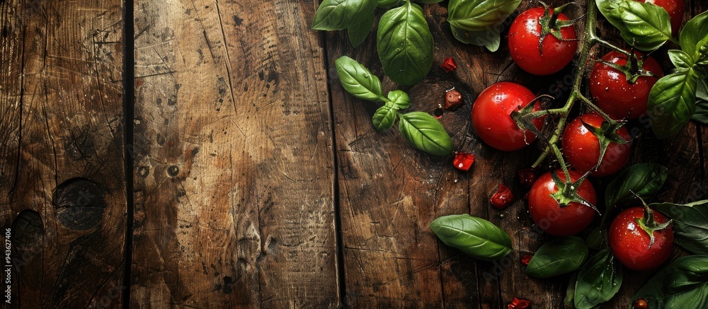 Poster fresh cherry tomatoes basil and oregano on an aged wooden rustic background with copy space image