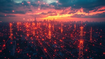 A conceptual view of a decentralized energy grid with glowing pylons illuminated against a vibrant sunset skyline.
