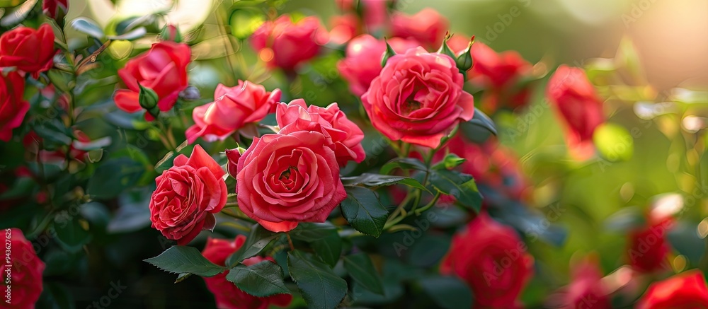 Poster close up of red roses on a bush in the garden creating a stunning copy space image representing natu