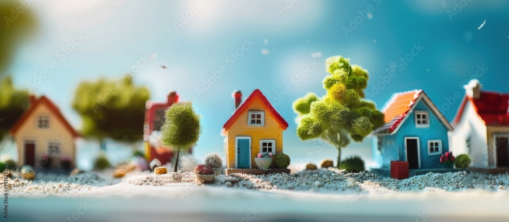 Poster Summer toy houses with a scenic background create a captivating copy space image