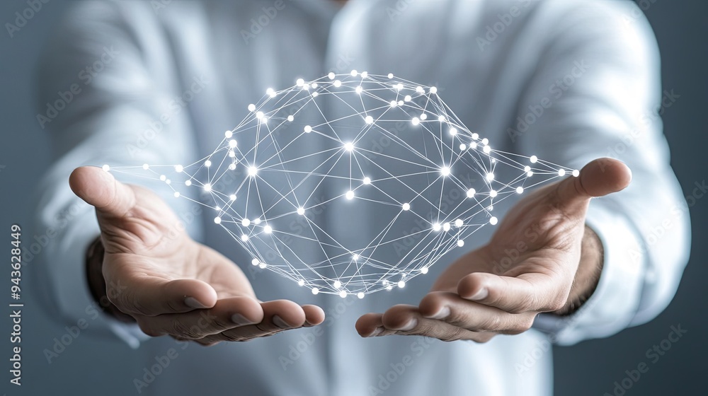Poster a man extends his hands forward, displaying a digital sphere made of interconnected dots and lines t