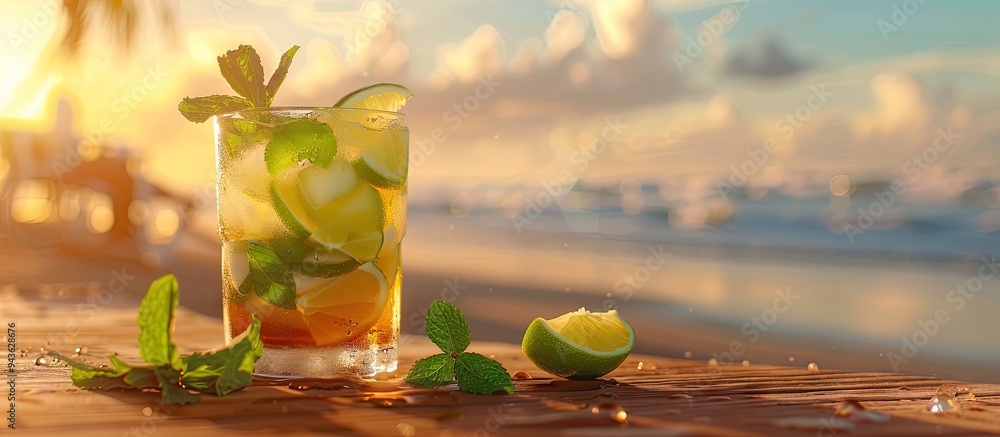 Poster selective focus image of a classic mojito cocktail made with rum lime and fresh mint on a wooden sur