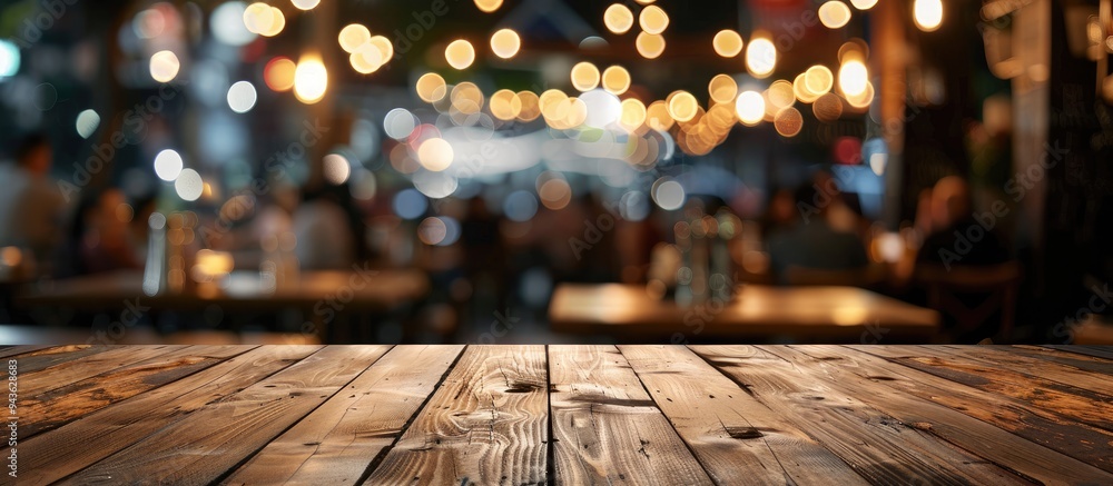 Aufkleber A wooden table is displayed in a blur of a modern night scene at a bustling restaurant offering a generous copy space image for presenting products or food