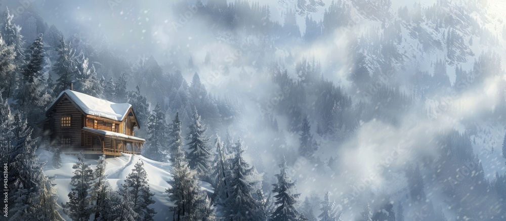 Aufkleber A charming cabin surrounded by snowy trees on misty mountain slope with copy space image
