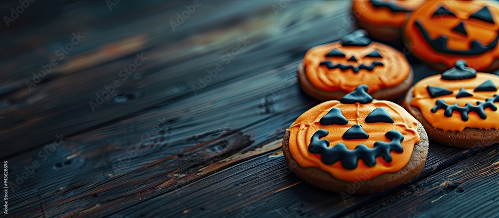 Poster jack o lantern cookies displayed on a dark wooden surface with a sweet cream filling creating a spoo