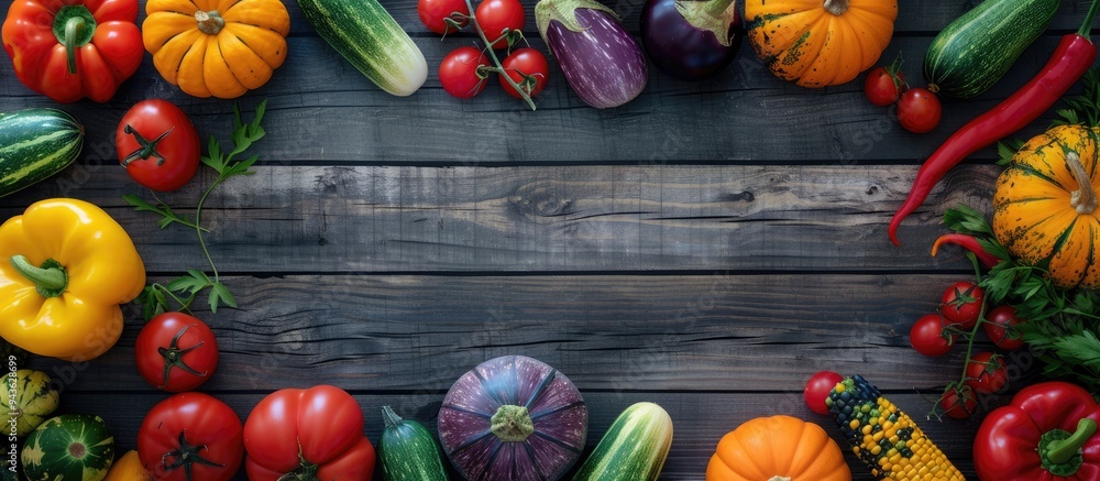 Poster various colorful vegetables like pumpkins eggplants cucumbers tomatoes and peppers displayed on a wo