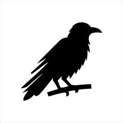 Black crow sitting on tree branch silhouette vector illustration design on white background.