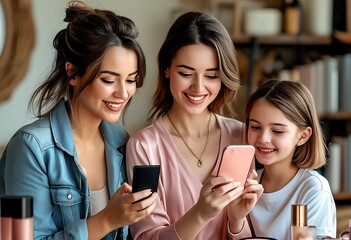 Cheerful beauty influencer creates engaging content on smartphone, sharing makeup tips and reviews.