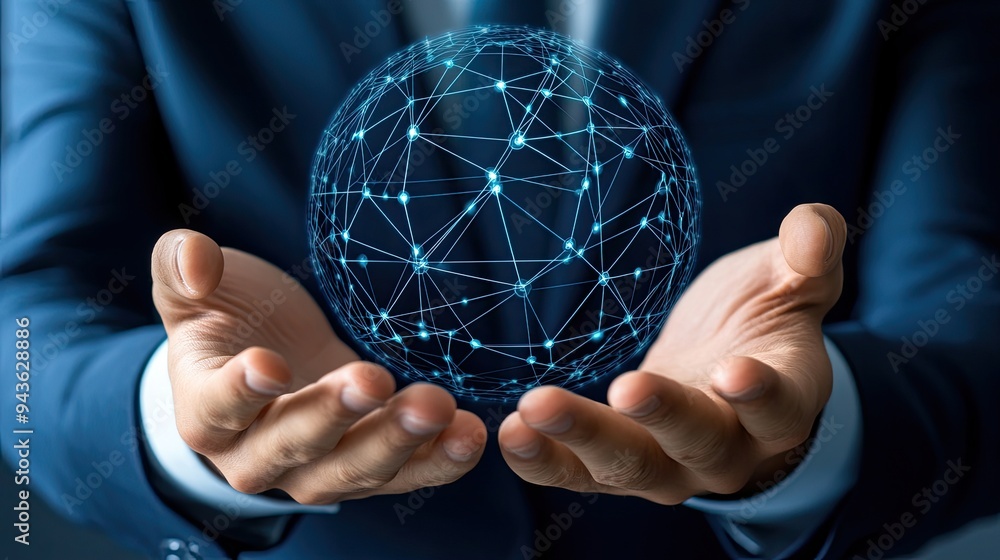 Poster a man extends his hands forward, displaying a digital sphere made of interconnected dots and lines t