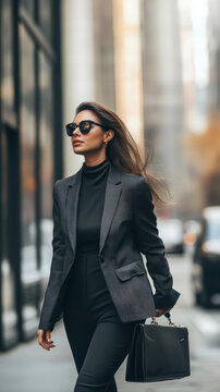 Confident woman in dark blazer walking in urban setting.