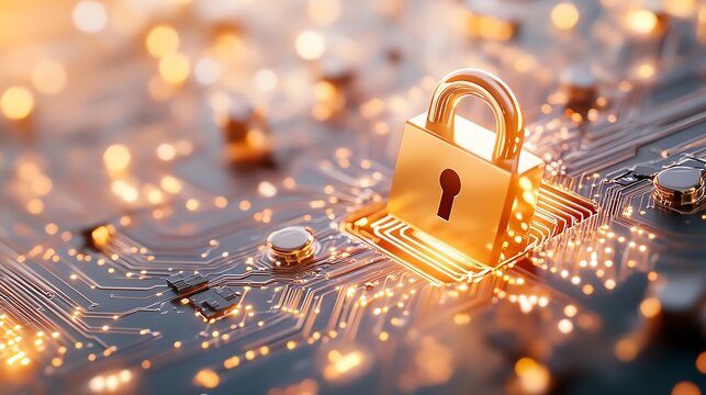 A digital lock on a circuit board symbolizes cybersecurity and data protection in the modern tech landscape.