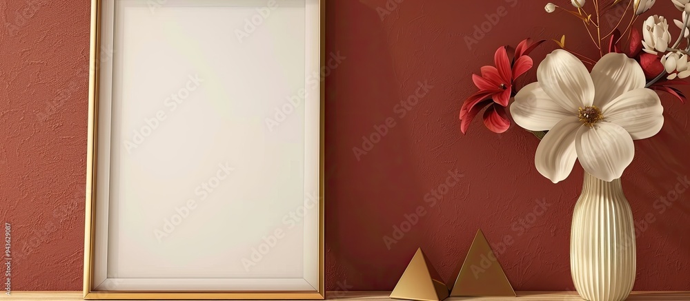 Poster A golden picture frame adorned with flowers and a pyramid displayed on a table accompanied by a generous area for text in the photo. Creative banner. Copyspace image