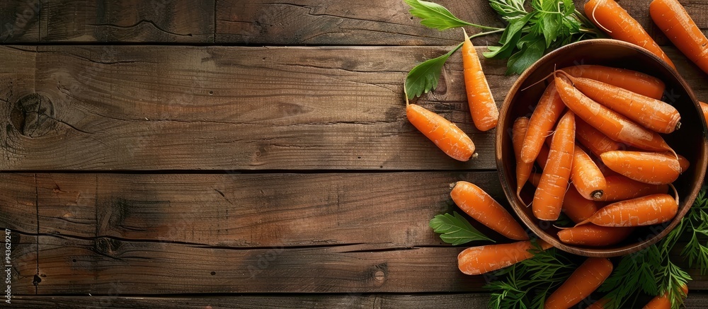 Poster bowl with baby carrots and green leaves on a wooden table with room for a text in the copy space ima