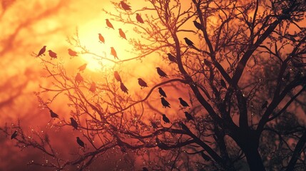 A flock of birds gathering in a tree, chirping and singing together as the sun sets.