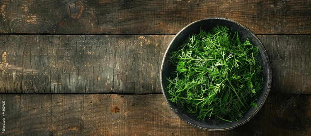 Poster top view of a bowl with freshly cut dill on a wooden table with room for text in the image. creative