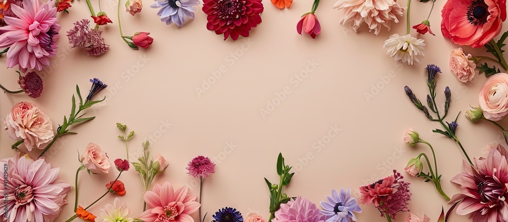 Poster Top view image of a frame made with flowers against a beige background perfect for showcasing with copy space