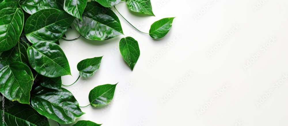 Poster White background picture featuring genuine leaves with ample copy space image