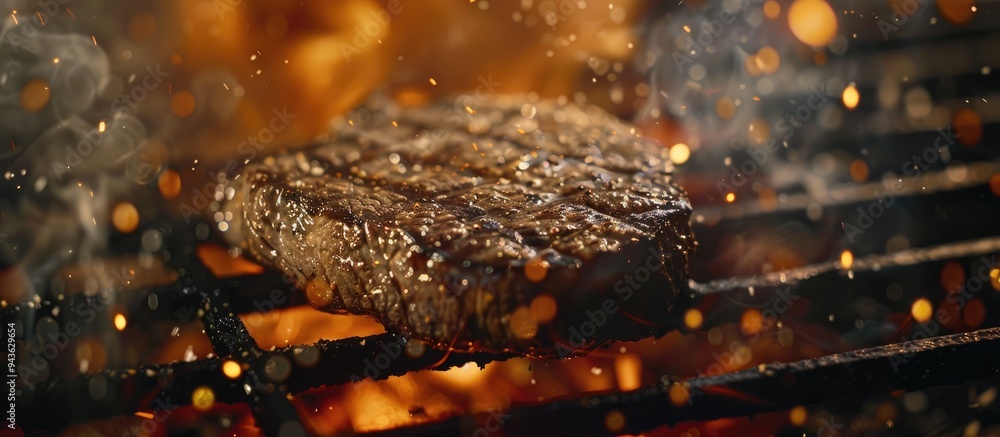 Aufkleber Beef steak sizzling on a grill in a close up shot with ample copy space image available