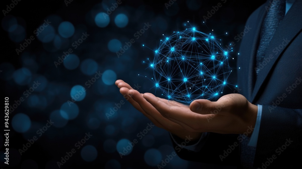 Poster a man extends his hands forward, displaying a digital sphere made of interconnected dots and lines t