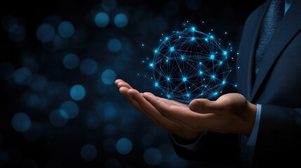 A man extends his hands forward, displaying a digital sphere made of interconnected dots and lines that represents a global network concept, all set against a blurred background