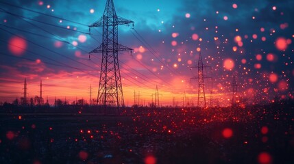 A decentralized energy grid concept showcases power lines against a colorful sunset, illuminated by vibrant particles.