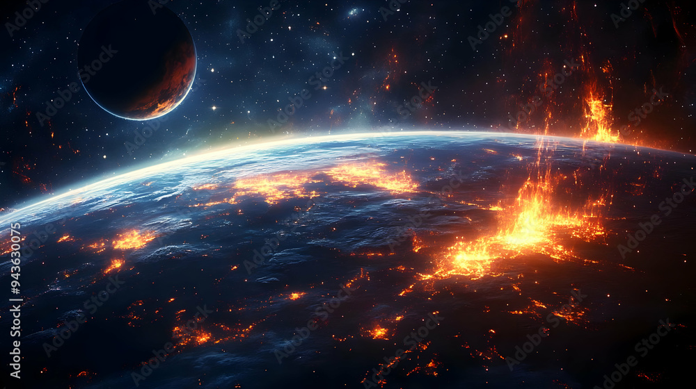 Poster a fiery planet with an exploding surface surrounded by stars.