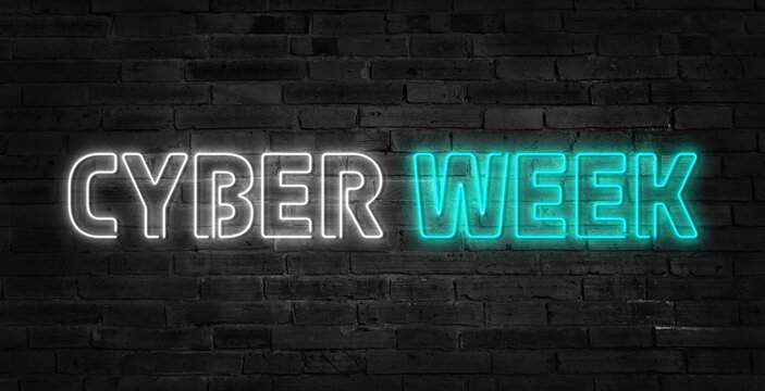 Neon sign Cyber Week on concrete wall. 3d illustration.