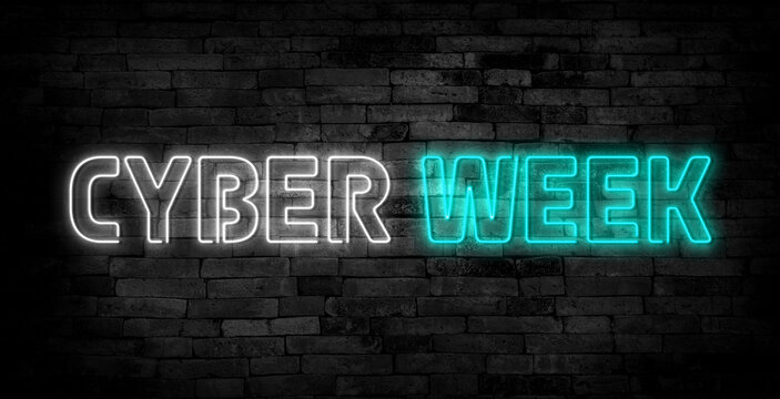 Neon sign Cyber Week on concrete wall. 3d illustration.