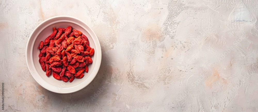 Leinwandbilder top view of a bowl with dried goji berries on a light textured table creating copy space image