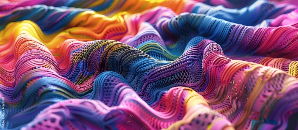 Poster Close up of a large knitted fabric showcasing a colorful abstract pattern ideal for a copy space image