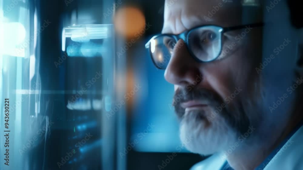 Poster Senior engineer closely examining data on a futuristic digital interface. Advanced technology and innovation in a high-tech research environment 