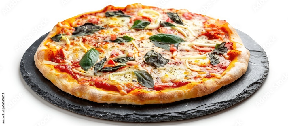 Poster slate stone pizza cutting board on a white background with copy space image