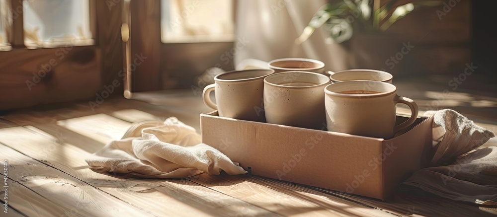 Poster pottery mugs for handmade coffee creatively arranged with copy space image on the floor and in a box