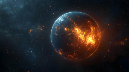 Obraz premium A fiery planet with glowing cracks and a dark blue, starry background.