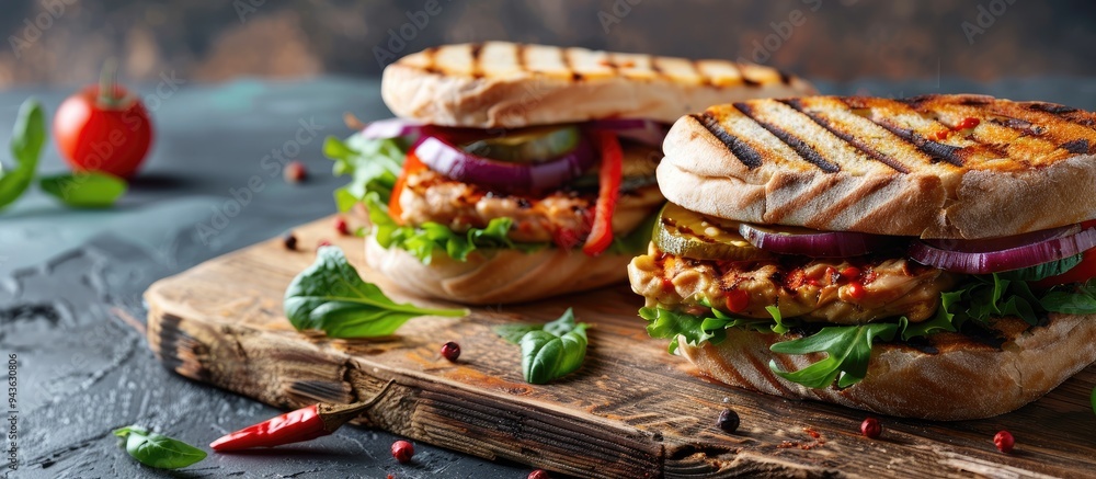 Poster grilled vegetable sandwiches displayed on a wooden board against a bright backdrop with copy space i