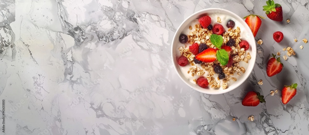 Poster flat lay of delicious granola topped with fresh fruits on a grey surface with available copy space i