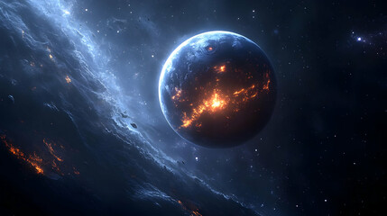 A fiery planet with glowing lights in space, surrounded by stars and blue gas.