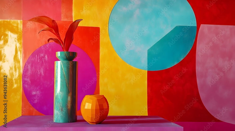 Poster vibrant geometric abstract composition with colorful shapes and patterns