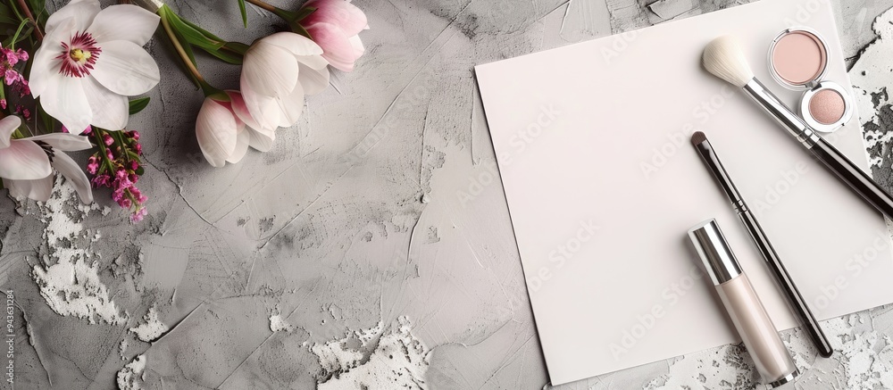 Poster A blank card displayed with makeup items and flowers on a textured grey background all set against a stylish backdrop with ample copy space image