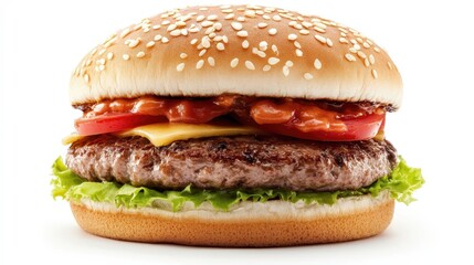 A hamburger with lettuce and tomato on top of a bun