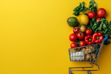 Shopping basket full of grocery products, food and drink , Grocery Shopping: Plan meals and shop with a list, copy space