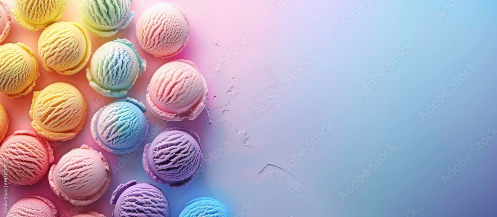 Poster banner design featuring a variety of ice cream scoops arranged on a colorful backdrop with space for