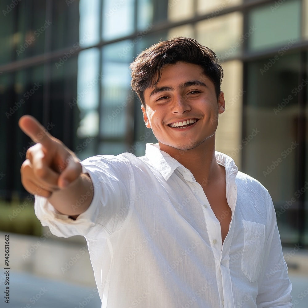 Poster shallow depth of field. handsome businessman points finger to camera and presses virtual button. fin