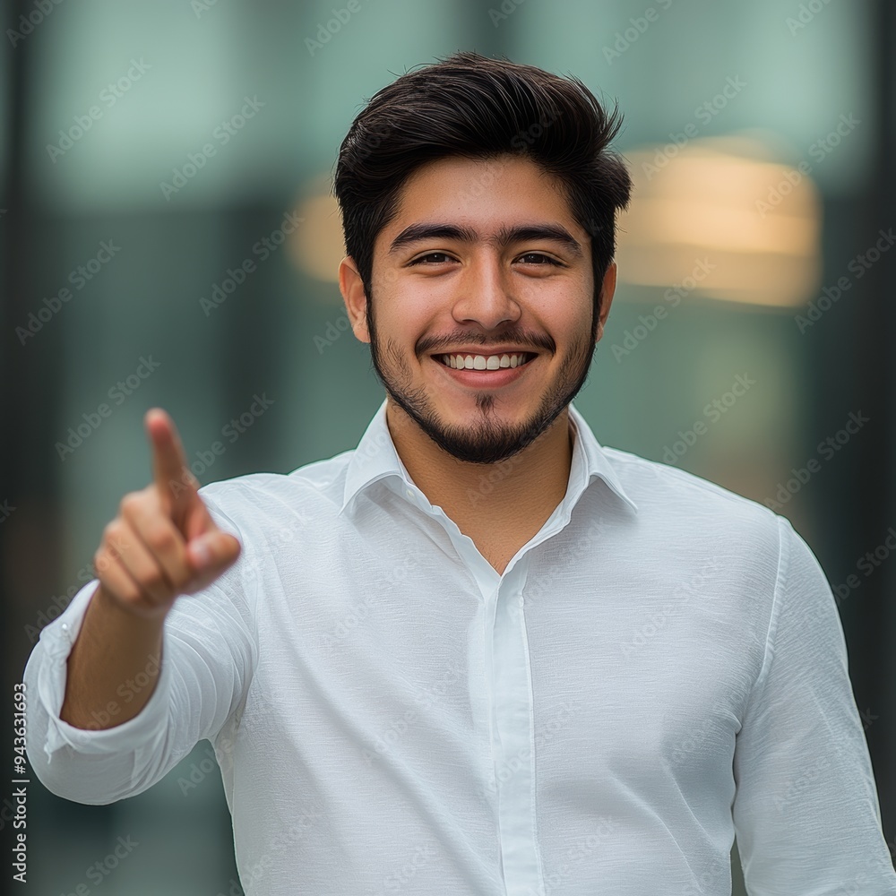 Poster this is a shallow depth of field image of a handsome businessman pointing a finger at the camera and